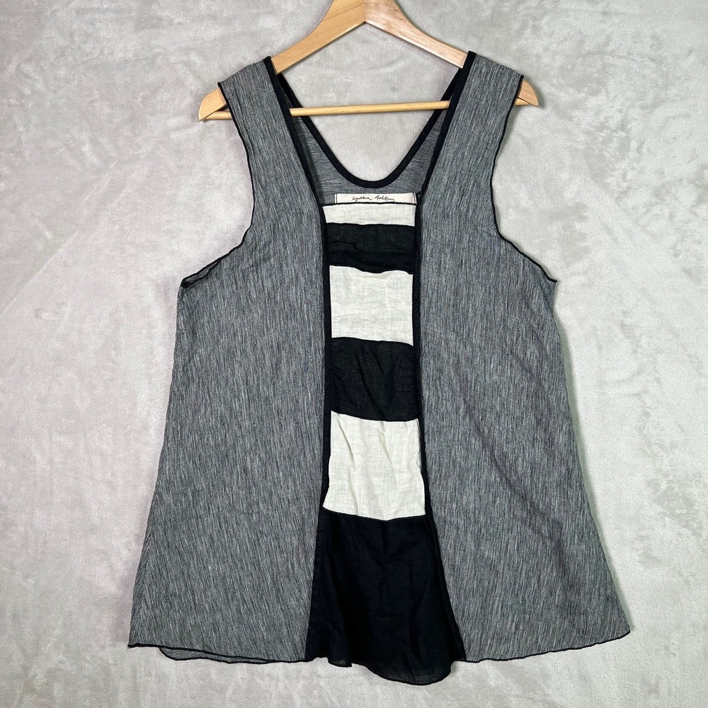 Cynthia Ashby Top M Sleeveless Linen Blend Tunic Black White Striped Lagenlook
